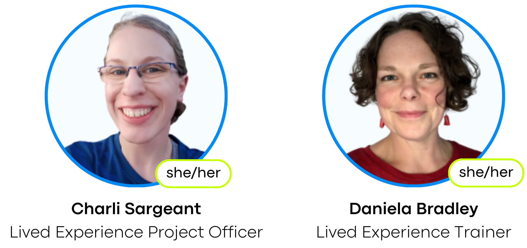 Charli Sargeant (she/her), Lived Experience Project Officer and Daniela Bradley (she/her) Lived Experience Trainer